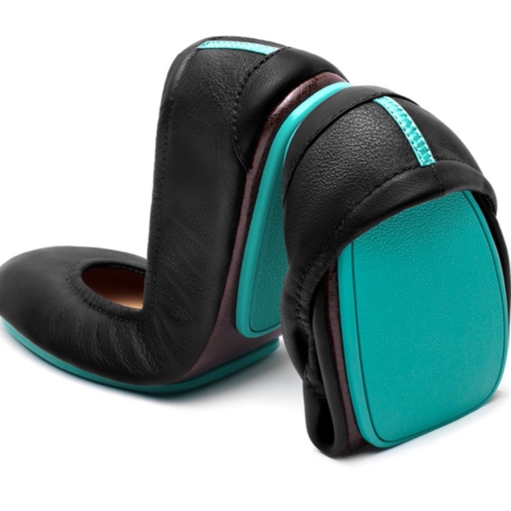 Tieks by Gavrieli Matte Black Pebbled Leather Teal Soles Ballet Flats Size 12